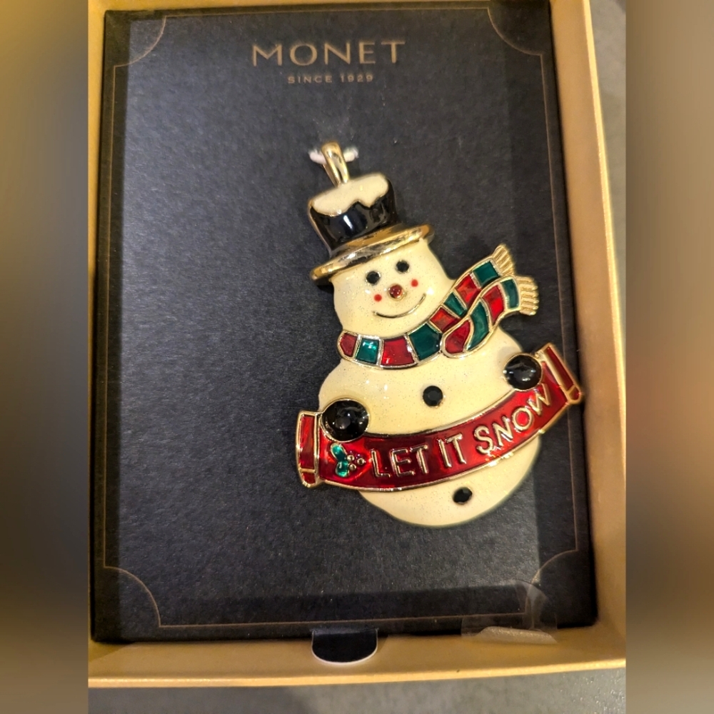 NIB Monet Let it Snow Snowman Pendant Ornament Enameled Metal